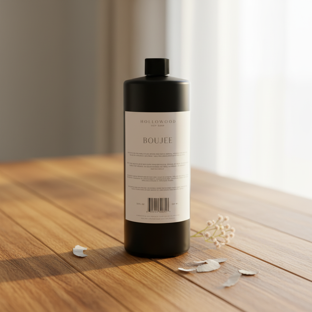 Boujee 32oz mop soap bottle on warm rustic wooden table lifestyle product photography
