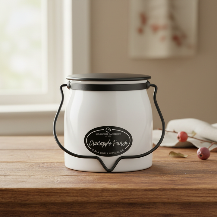 Milkhouse crabapple punch 16oz butter jar candle on warm rustic wooden table lifestyle product photography