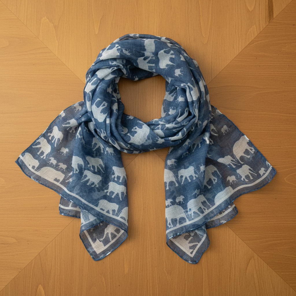 Lightweight elephant print fashion scarf flat lay on warm wood table