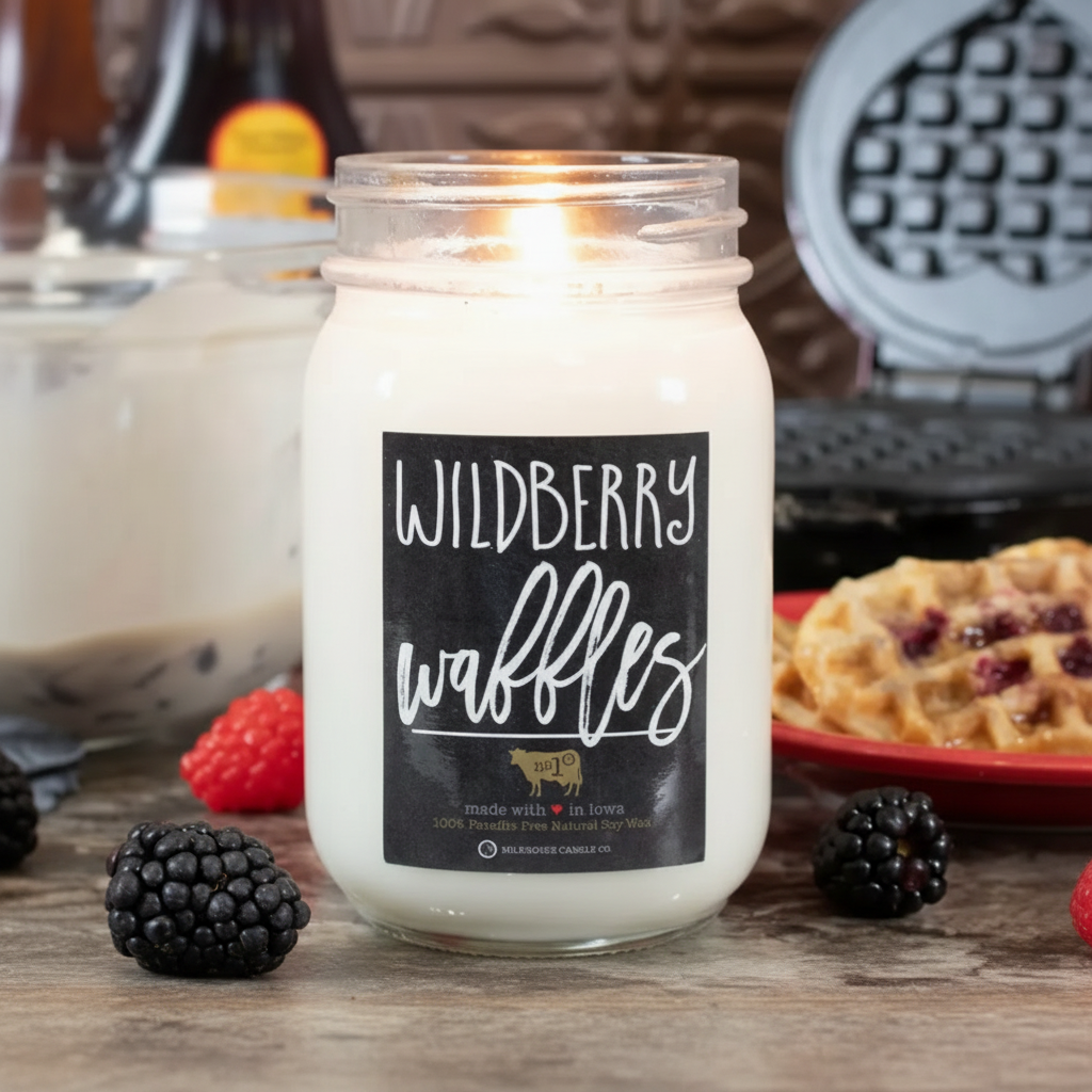 Milkhouse wild berry waffle 13oz mason jar candle on warm rustic wooden table lifestyle product photography
