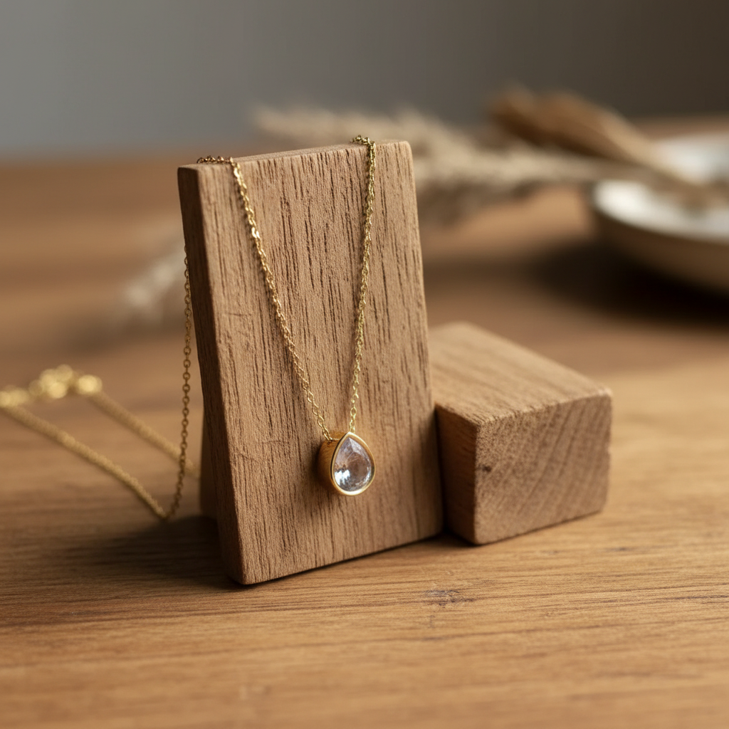 Gold teardrop necklace propped on a wooden stand