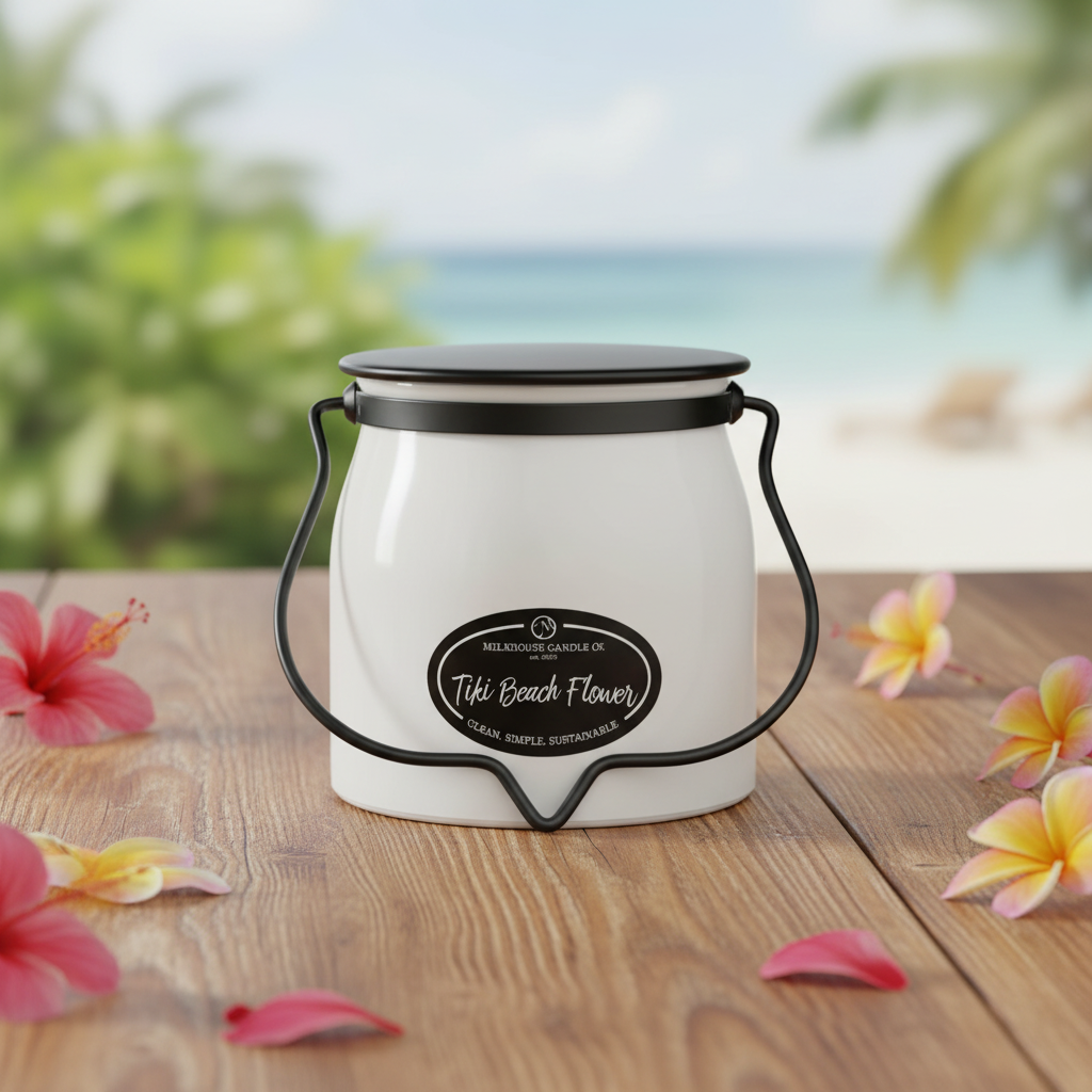 Milkhouse tropical tiki beach flower 16oz butter jar candle on warm rustic wooden table lifestyle product photography