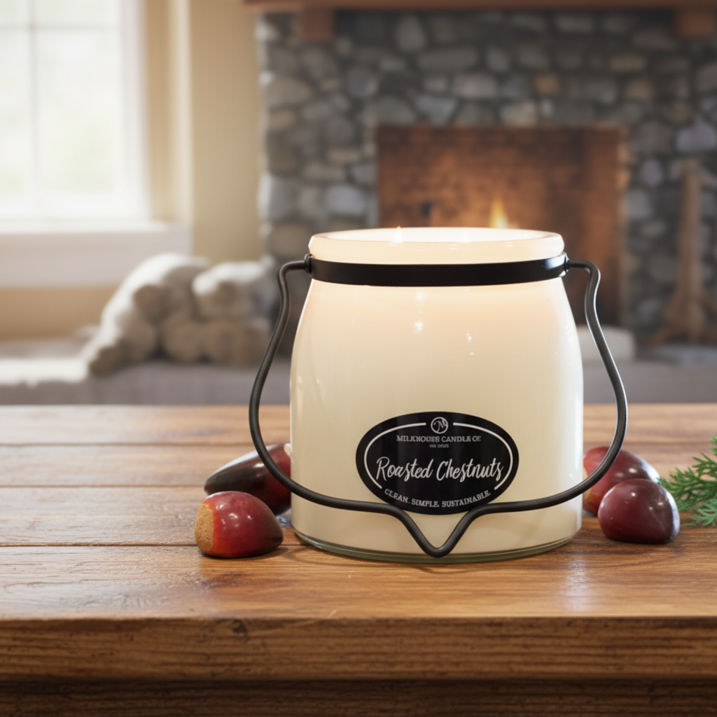 Milkhouse roasted chestnuts 16oz butter jar candle on warm rustic wooden table lifestyle product photography