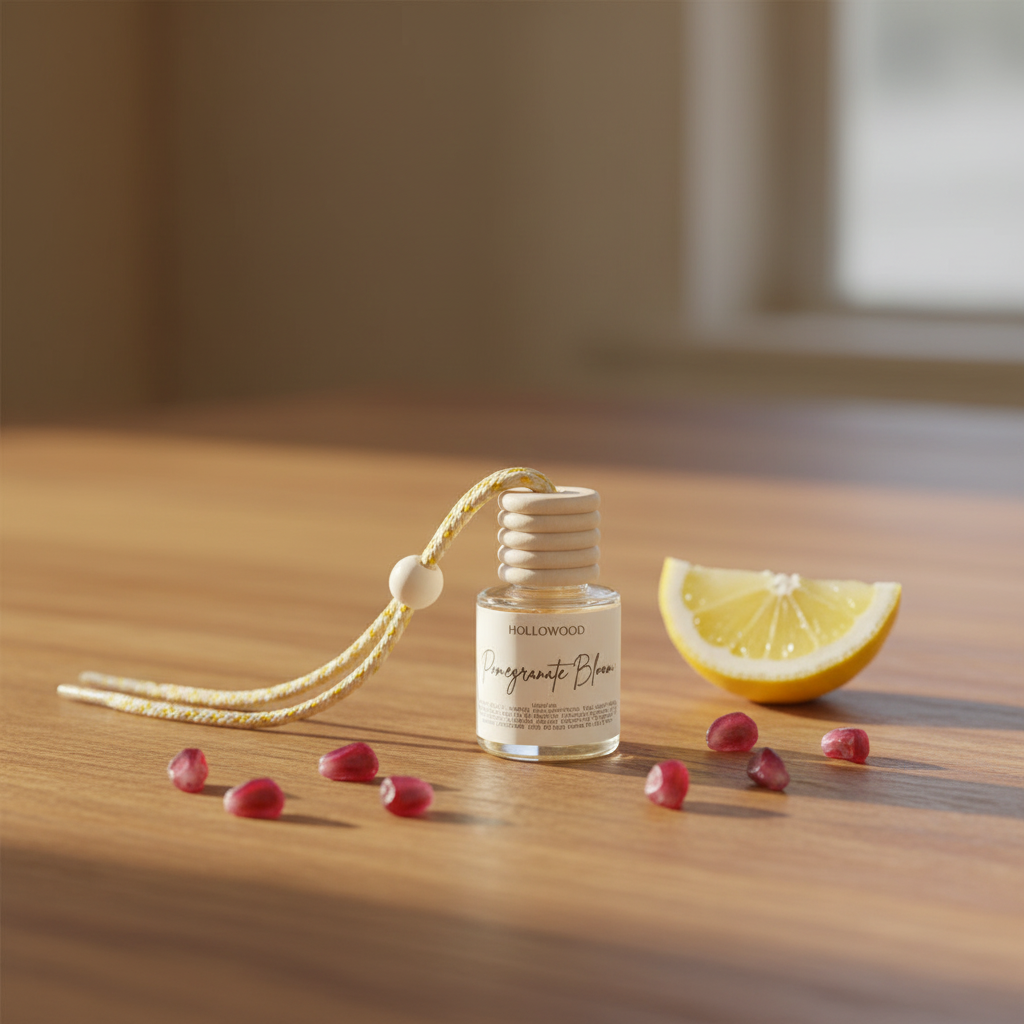 Pomegranate bloom car diffuser lemon raspberry peony fragrance on warm rustic wooden table lifestyle product photography