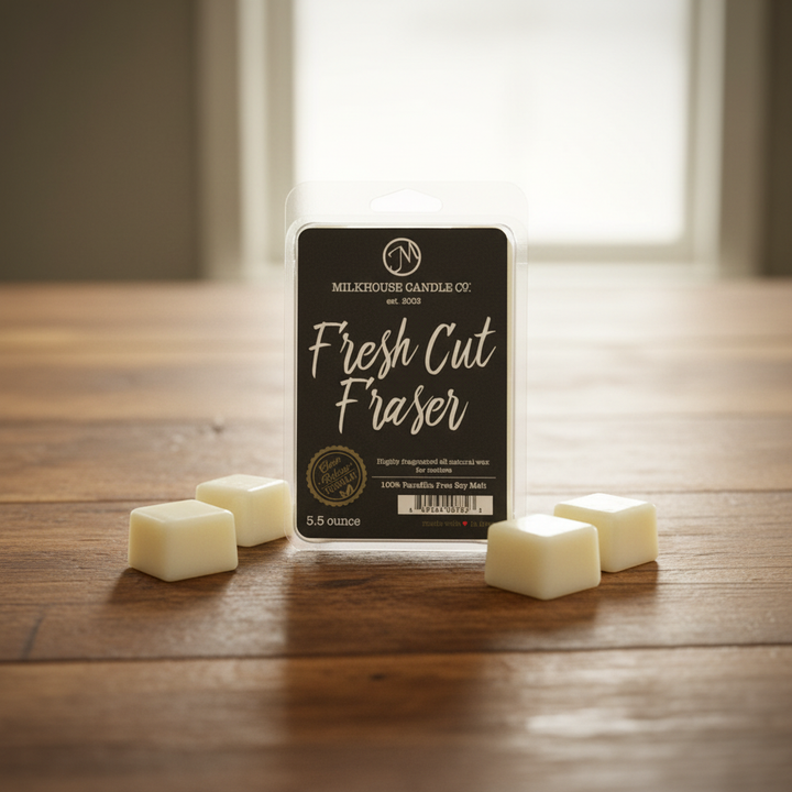 Milkhouse Christmas tree 5.5oz wax melt on warm rustic wooden table lifestyle product photography