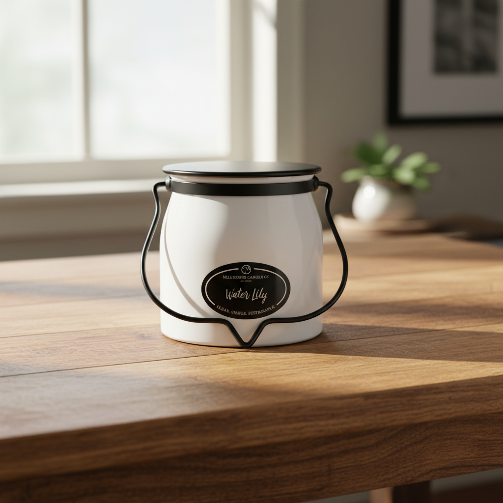 Milkhouse floral water lily 16oz butter jar candle on warm rustic wooden table lifestyle product photography