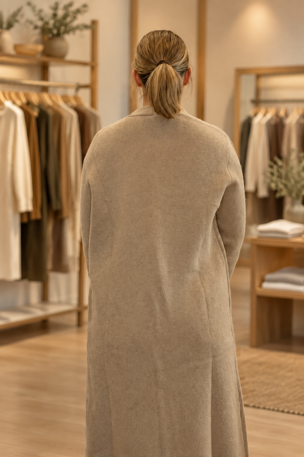 Back view of model wearing a tan longline coatigan in a warm modern boutique