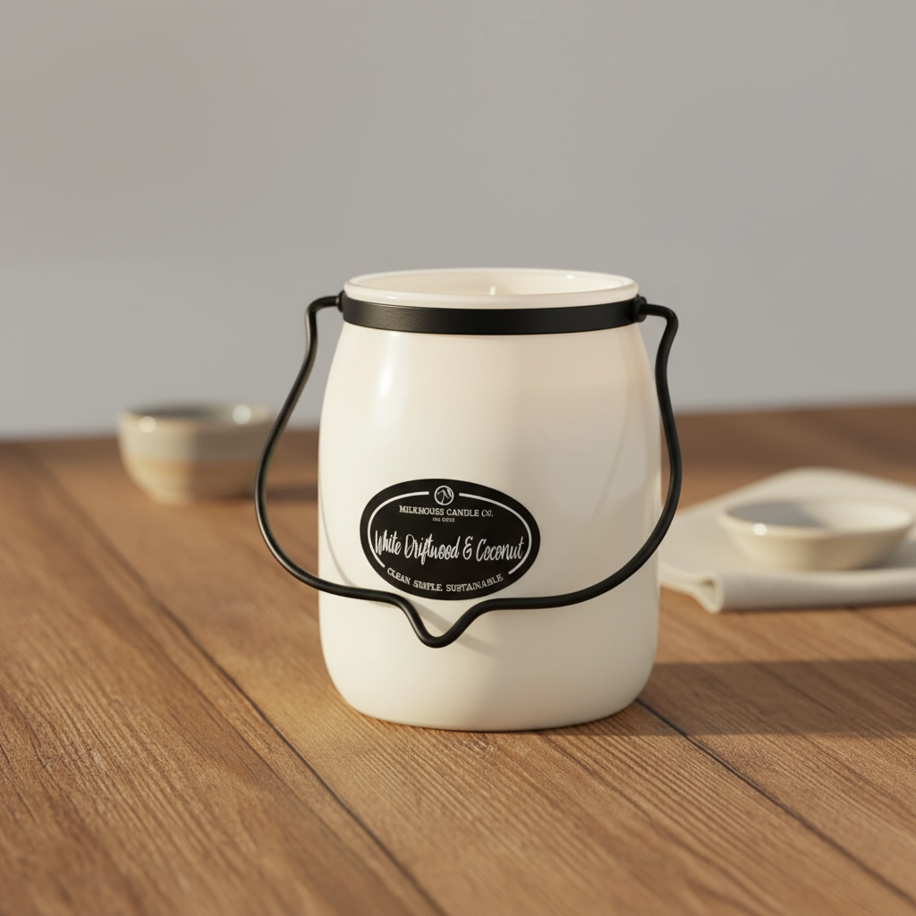 Milkhouse driftwood coconut 16oz butter jar candle on warm rustic wooden table lifestyle product photography