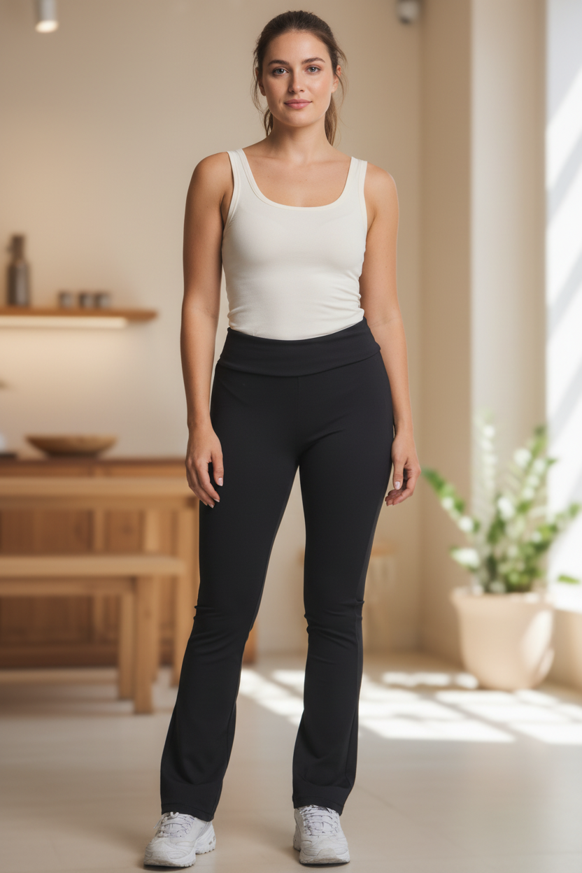 Black high-waisted foldover waistband flare leggings on a regular-sized model with soft neutral background