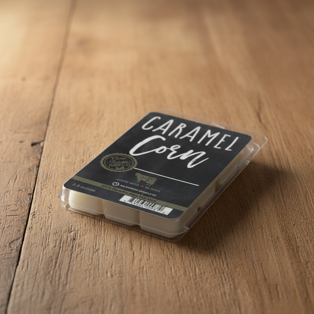 Milkhouse caramel popcorn 5.5oz wax melt on warm rustic wooden table lifestyle product photography