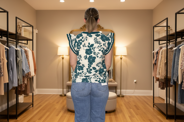 Back view - teal floral ruffle-sleeve top in boutique setting