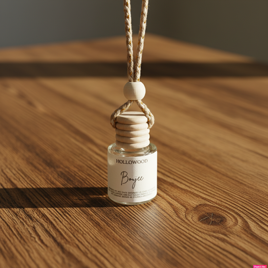 Boujee car diffuser air freshener on warm rustic wooden table lifestyle product photography