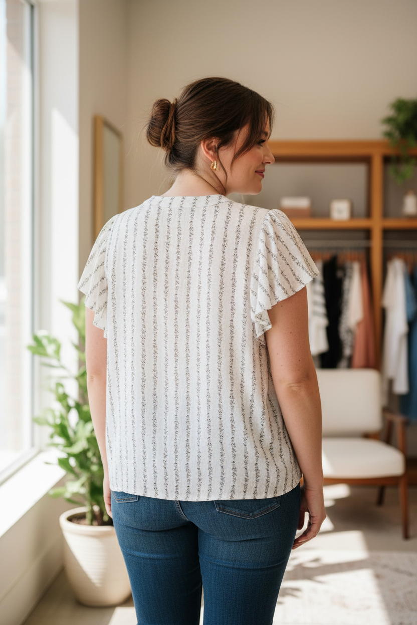 White floral stripe flutter sleeve blouse plus size model back view boutique