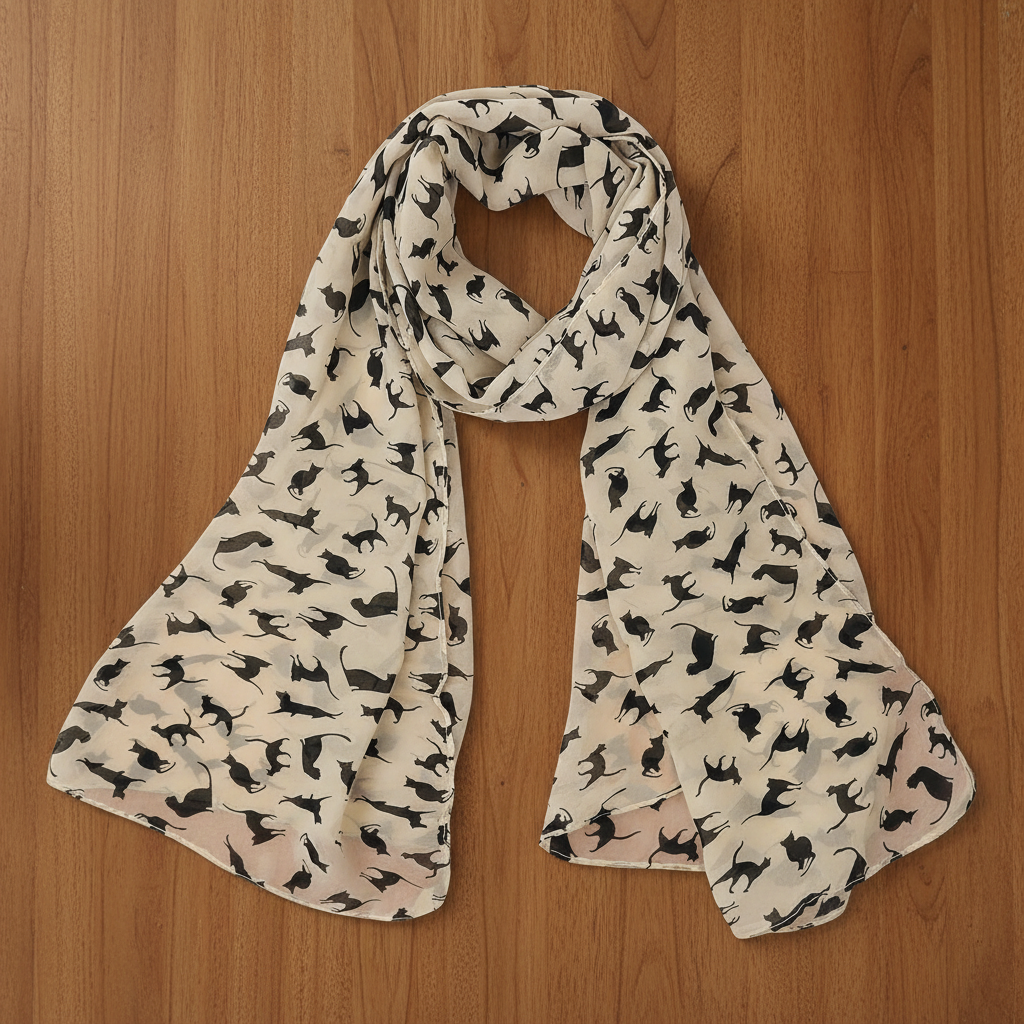 Beige cat print fashion scarf flat lay on wood table