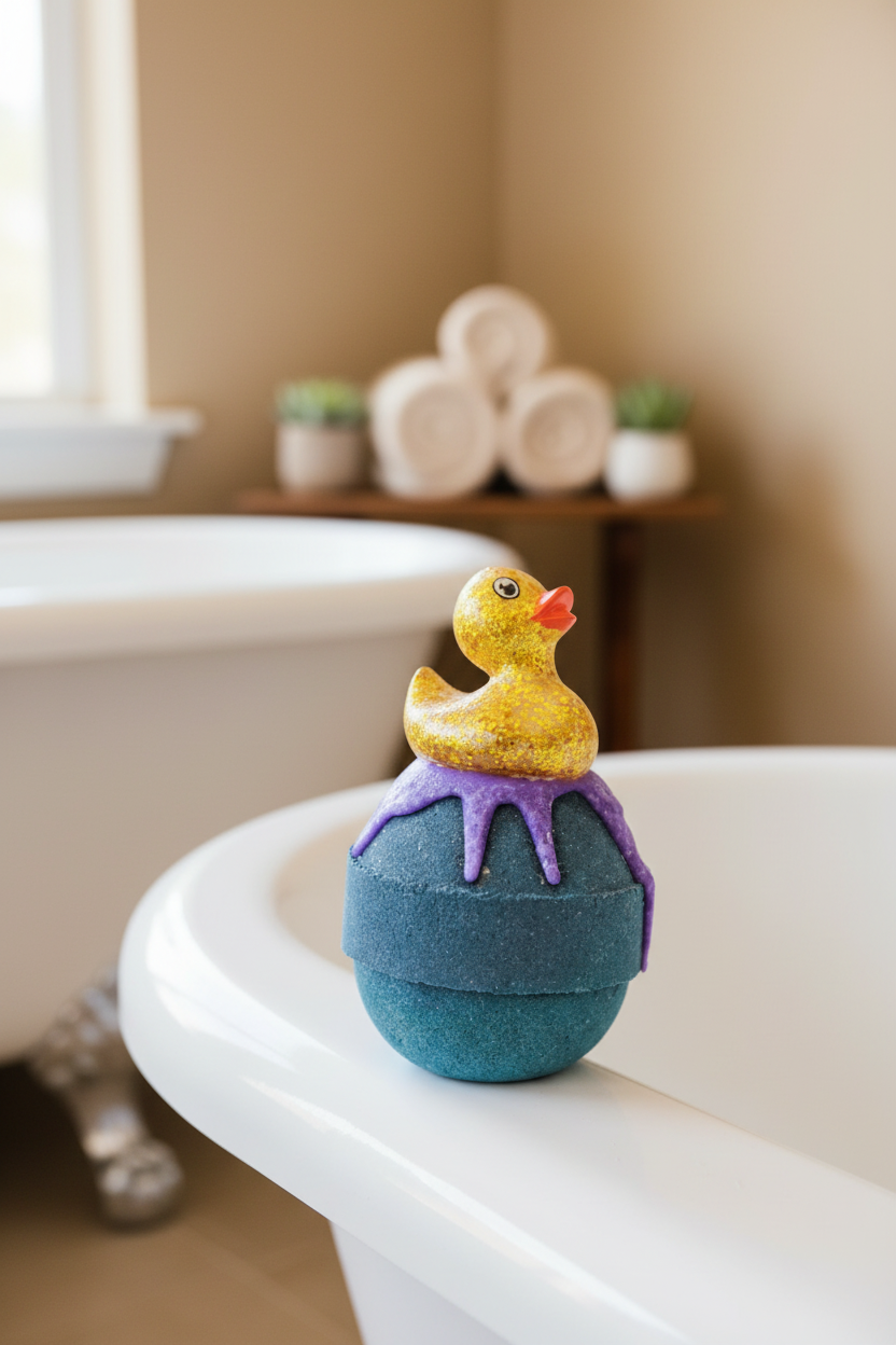 Gold glitter rubber duck bath bomb placed near a bathtub in soft neutral tones