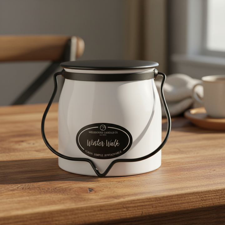 Milkhouse winter walk 16oz butter jar candle on warm rustic wooden table lifestyle product photography
