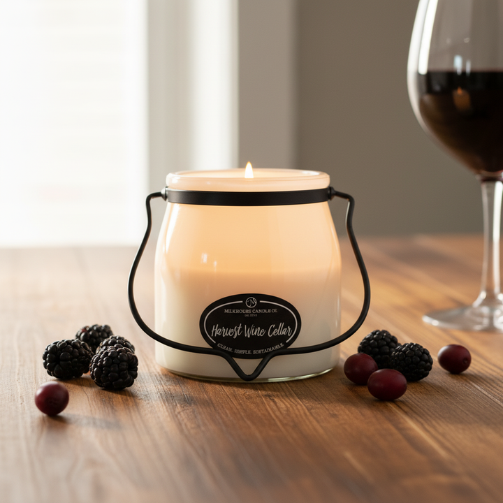 Milkhouse harvest wine cellar 16oz butter jar candle on warm rustic wooden table lifestyle product photography