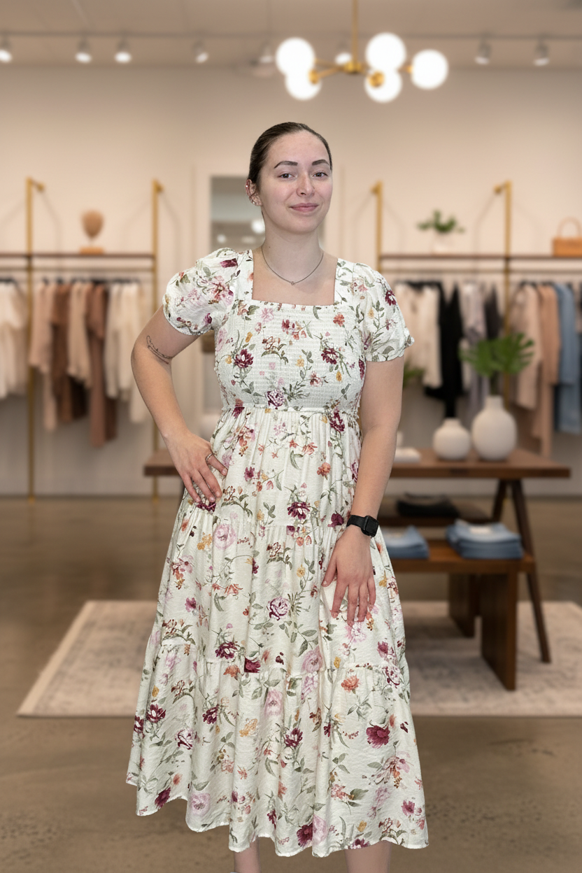 Women's ivory floral smocked puff sleeve midi dress model blurred boutique background front view
