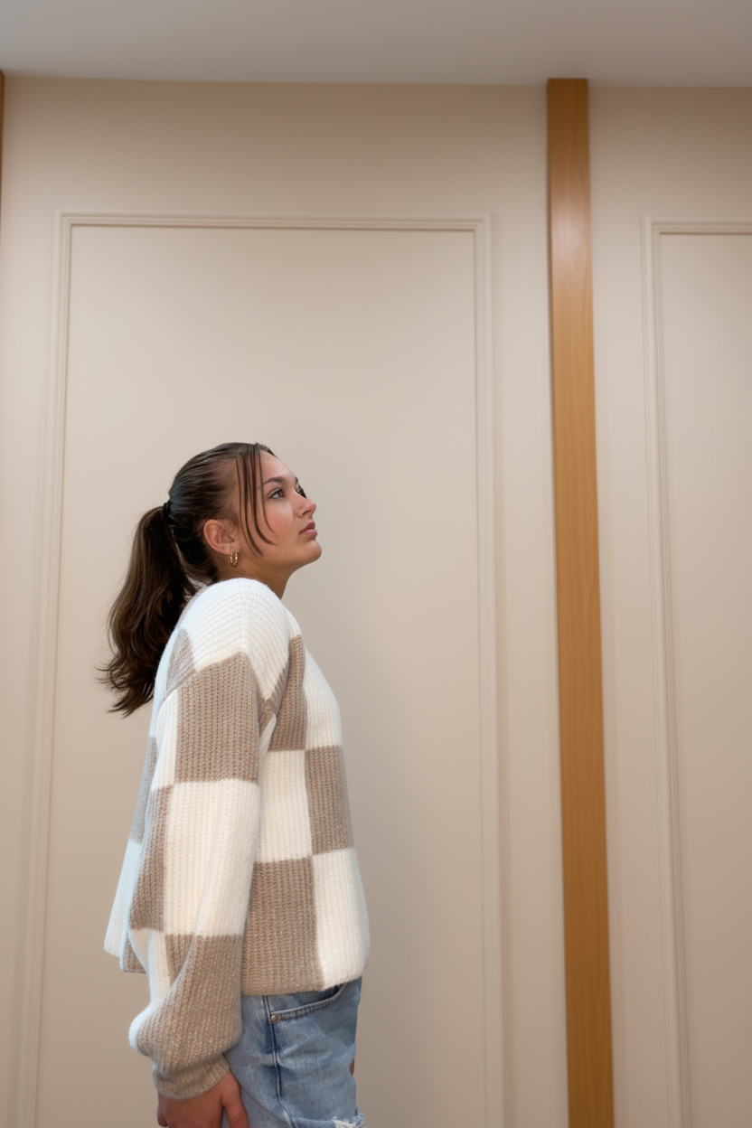 Model wearing a taupe and ivory checker crew neck sweater in a warm neutral boutique setting, side view
