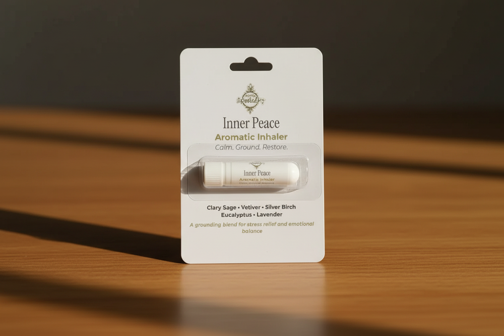 Inner Peace Inhaler Packaging on Wood Surface