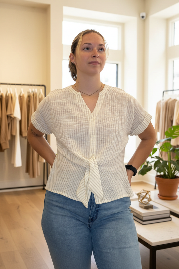 Ivory Striped Tie-Front Blouse - Front