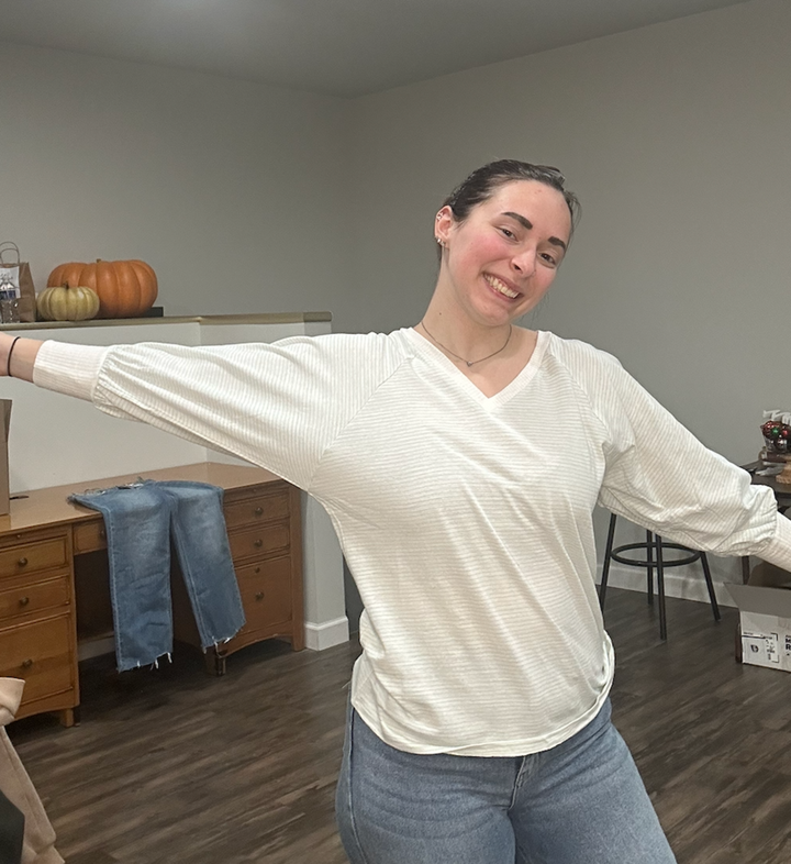 Relaxed Soft Stripe V-Neck Balloon Sleeve Knit Top