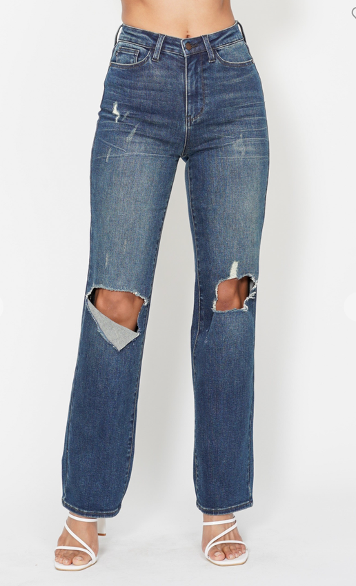 High Waisted Ripped Knee Dad Jean