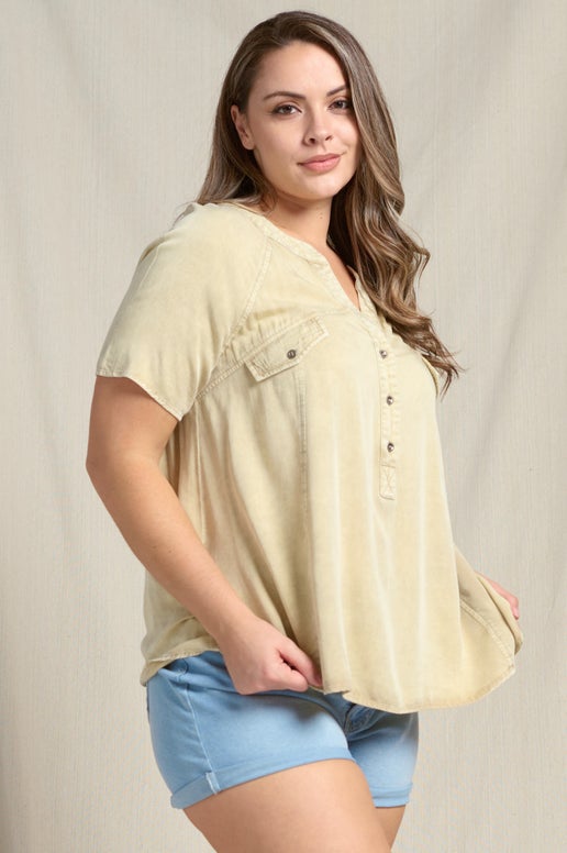 Mineral Washed Raglan Short Sleeve Oversized henley Top