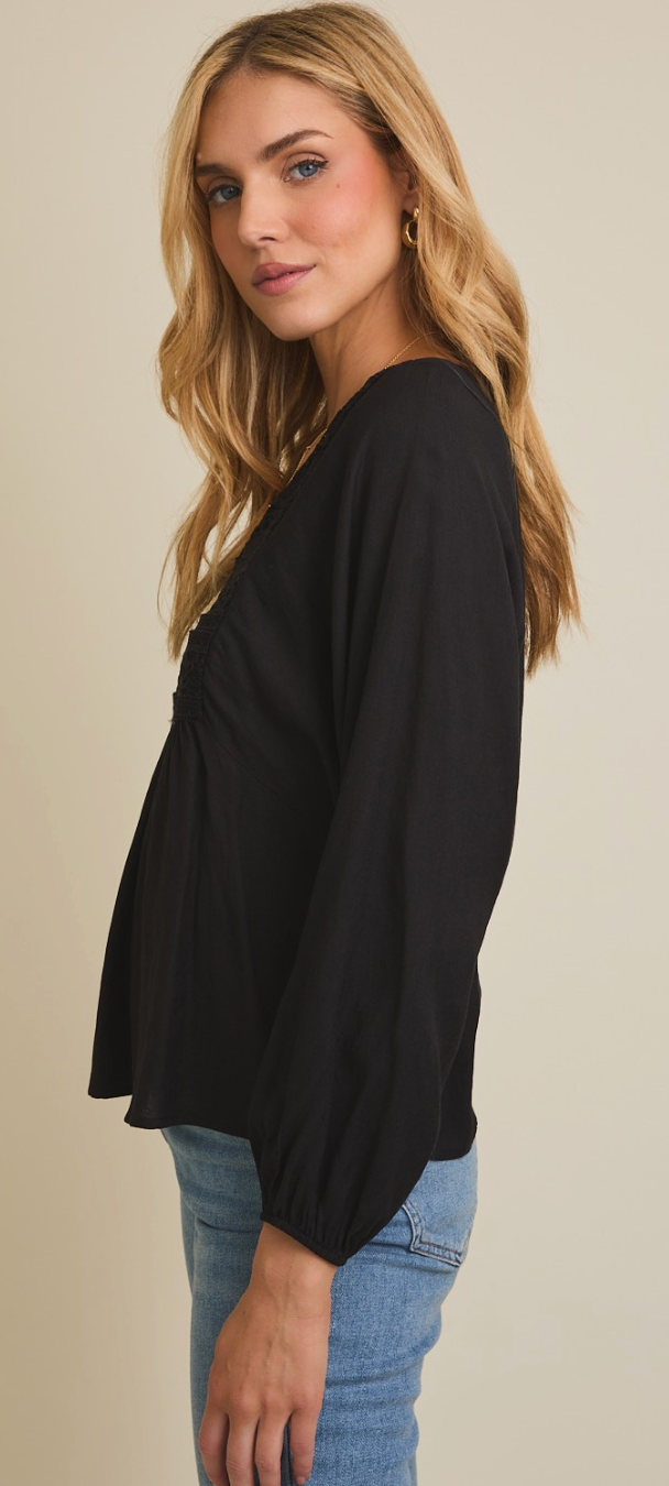 Black Lace Trim Button Up Flare Hem Top