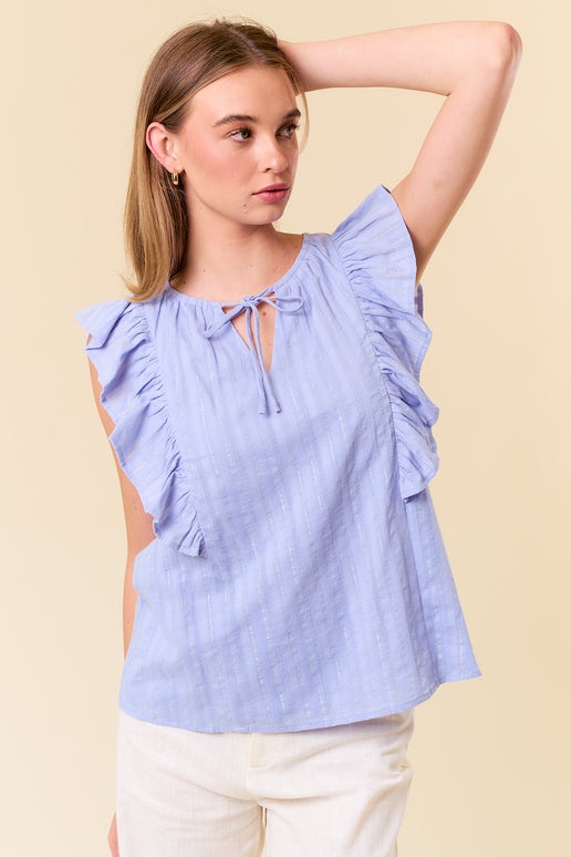 Lurex Striped Split V-Neck Flutter Ruffle Cap Sleeve Top