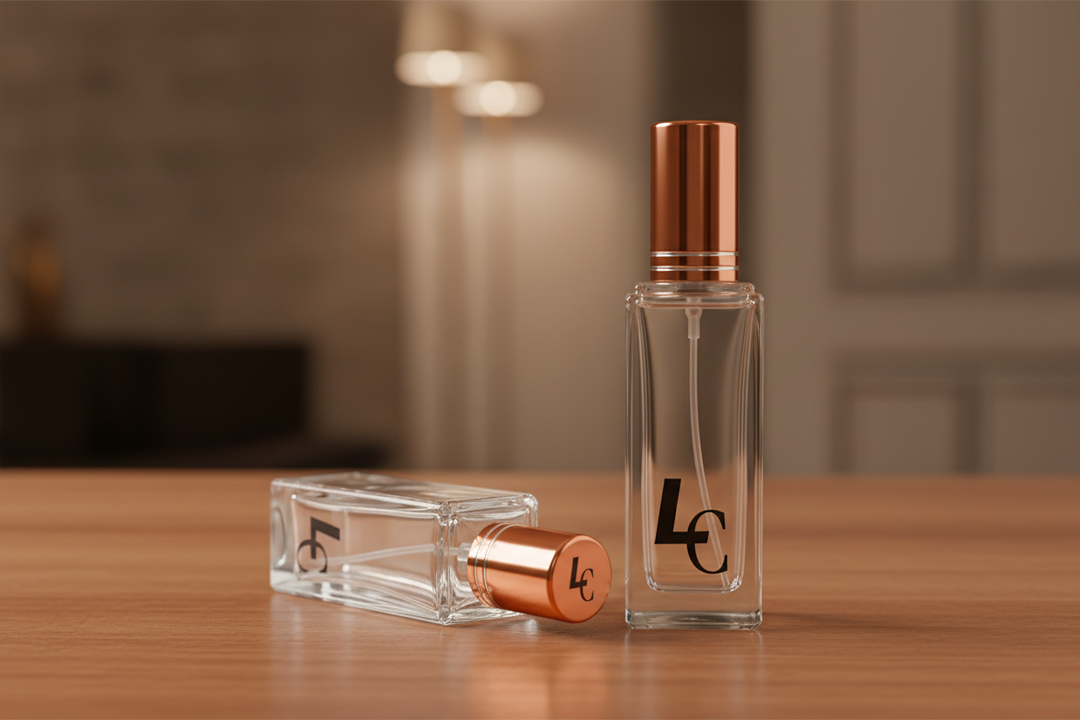 LC Perfume Bottles on Wood Surface