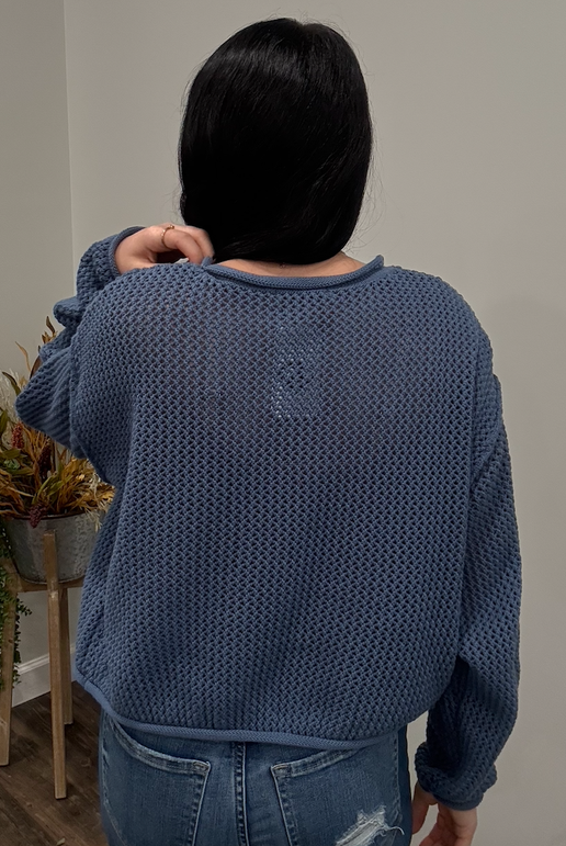 Dusty Blue Textured Drop Shoulder Pullover