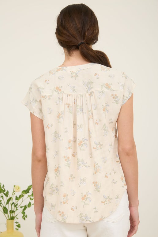 Natural Floral Striped Button Down Blouse