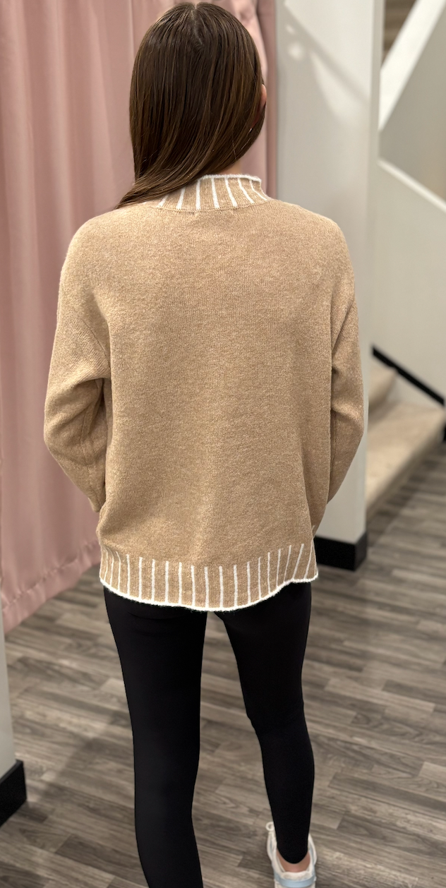 Blanket Stitch Mock Neck Pullover Sweater