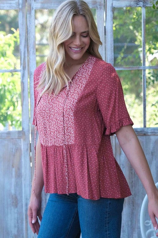 Short Sleeve Print Blocked Top with Drawstring