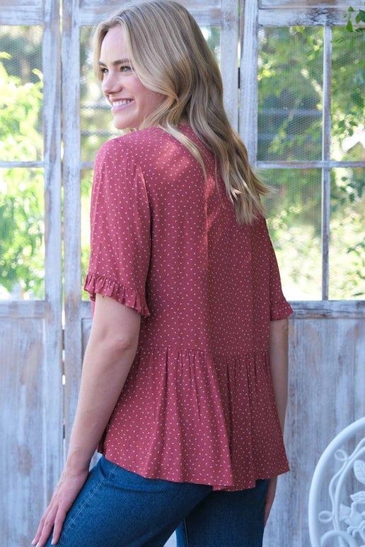 Short Sleeve Print Blocked Top with Drawstring