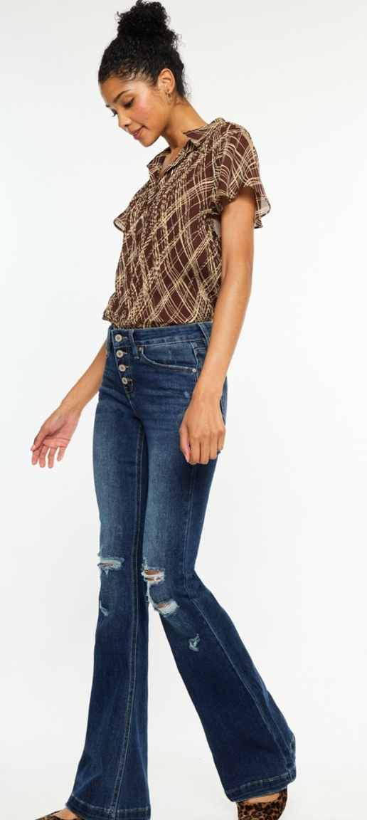 Mid Rise Button Up Distress Flare Jeans