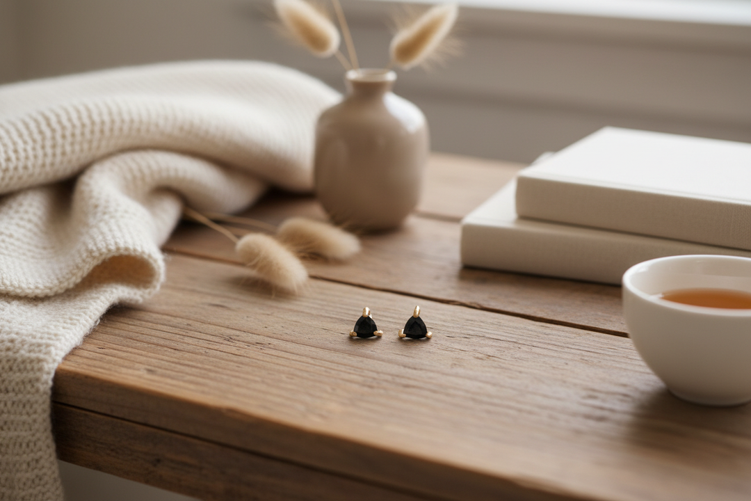 Product styled on wooden table with warm neutral tones