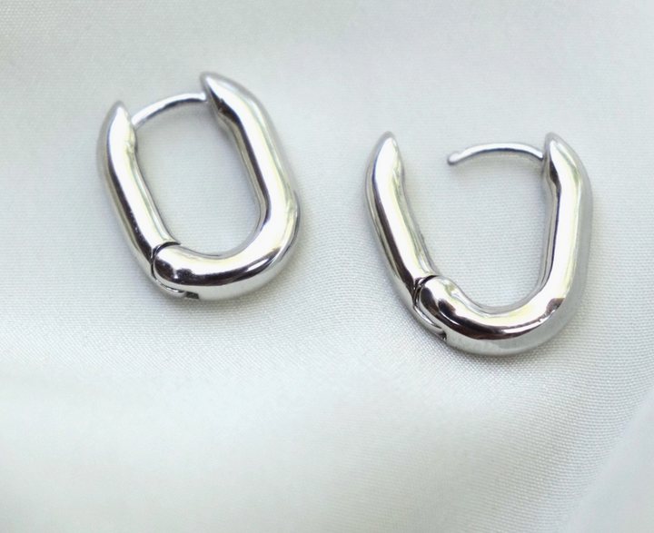 Silver Oval Huggie Earrings – White Gold Plated Minimal Everyday Hoops