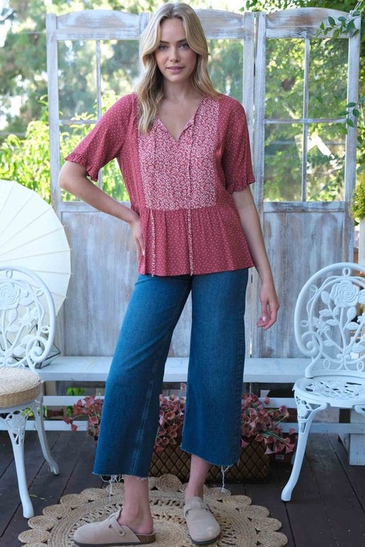 Short Sleeve Print Blocked Top with Drawstring