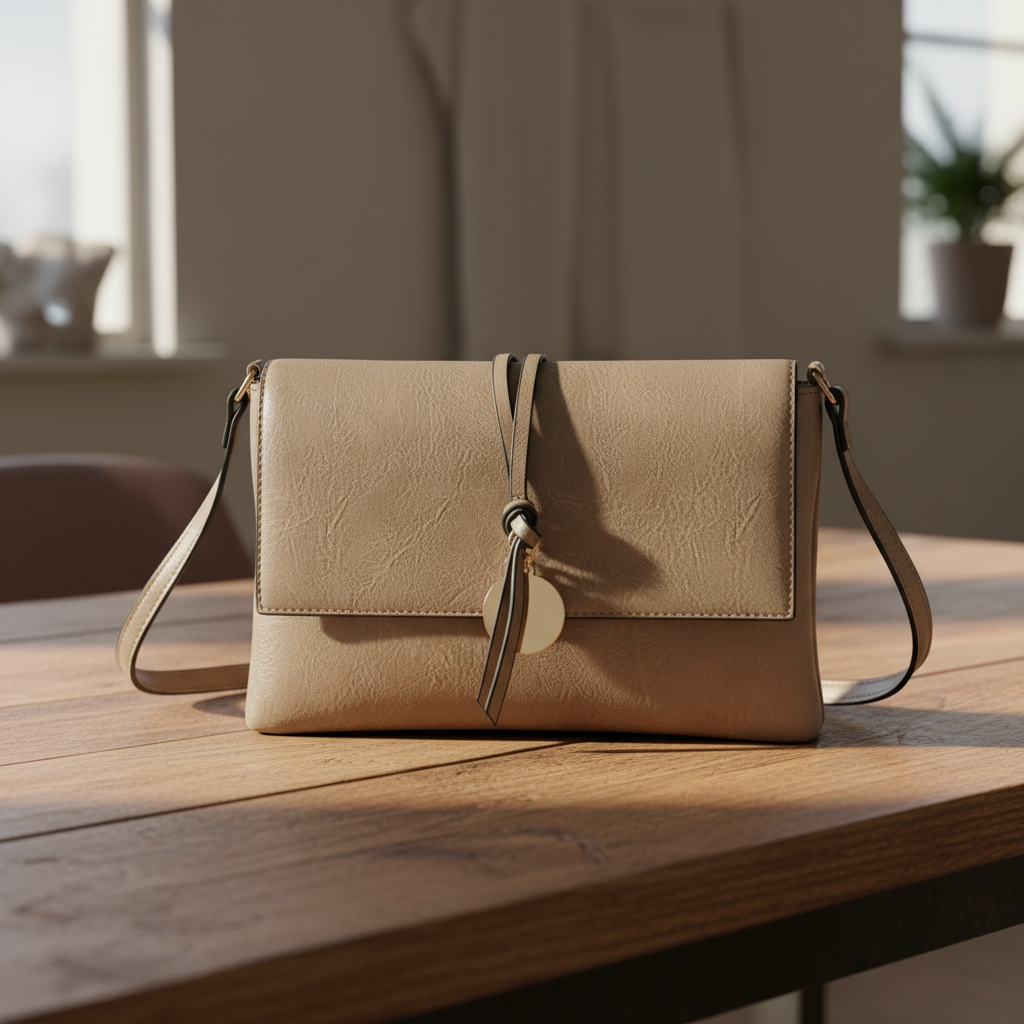 Taupe crossbody bag on a wooden table