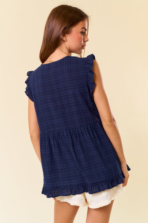 Navy Button Down Babydoll Blouse