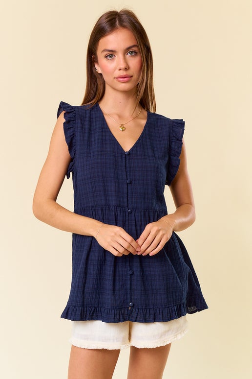 Navy Button Down Babydoll Blouse