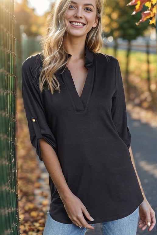 Navy 3/4 Sleeve Collared Top