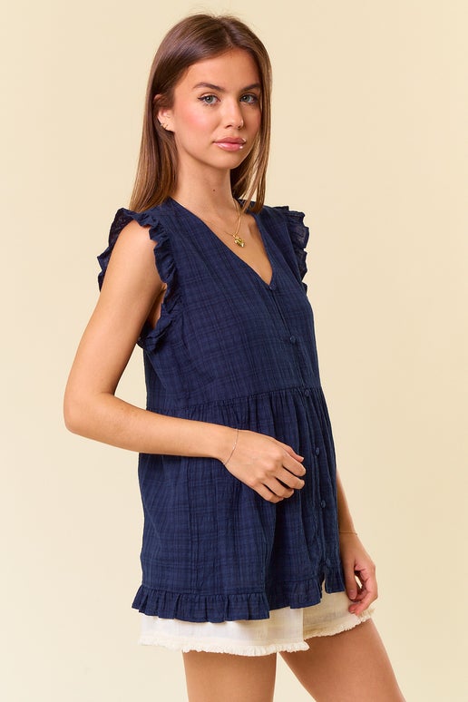 Navy Button Down Babydoll Blouse