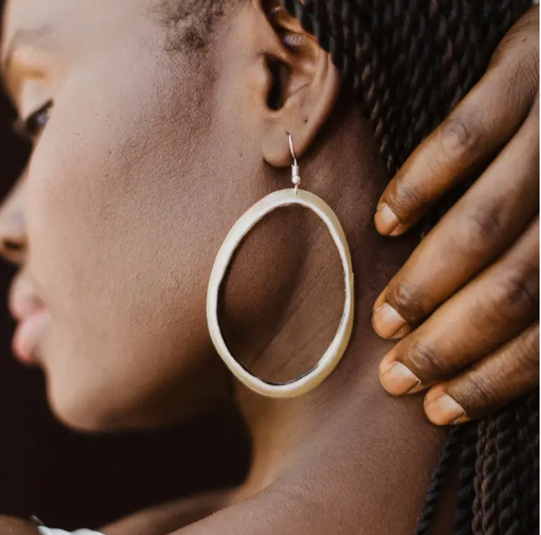 Handmade Horn Hoop Earrings – Oval Statement Drops from Haiti, One-of-a-Kind