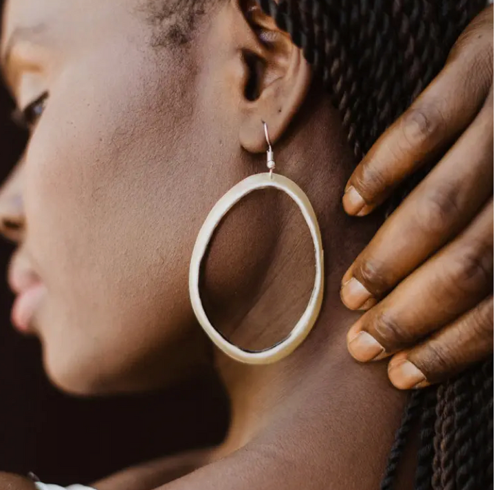 Handmade Horn Hoop Earrings – Oval Statement Drops from Haiti, One-of-a-Kind