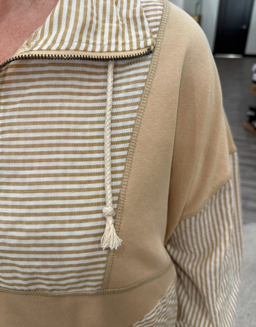 Camel Stripe Mix Half-Zip Sweatshirt