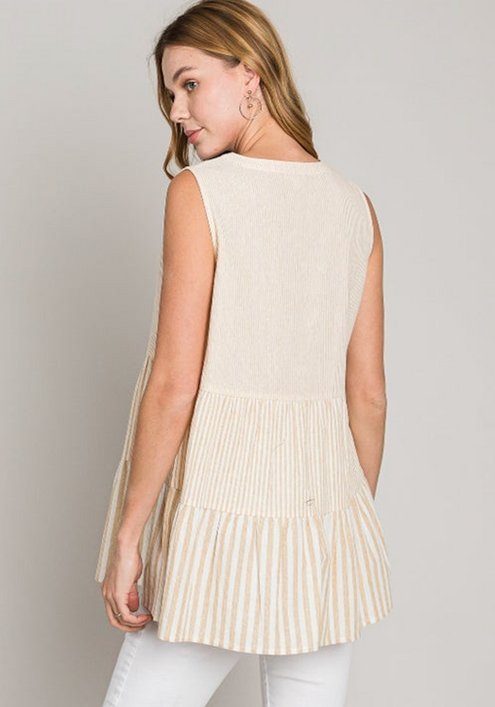 Cotton Contrast Detailed Stripes Tiered Top