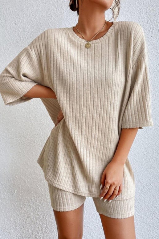 Drop Shoulder Tee Top And Slim Shorts Lounge Set